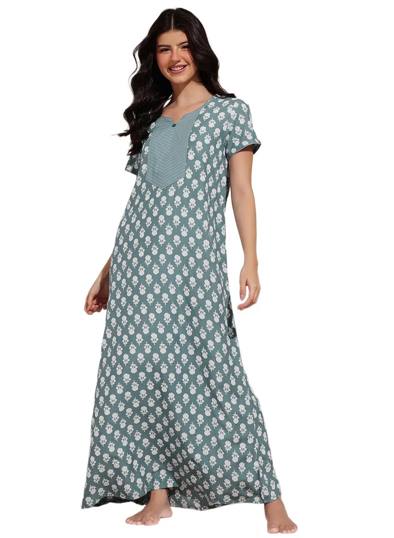 كلوفيا Floral Print Long Nighty in Light Grey - Rayon